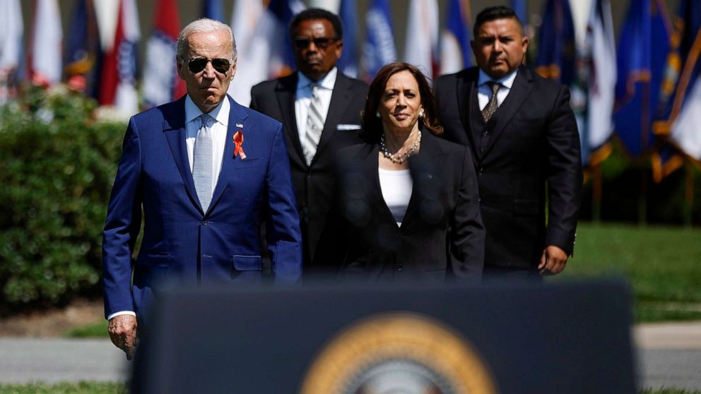 PHOTO: President Joe Biden, Garnell Whitfield Jr., Vice President Kamala Harris and Dr. Dr. Roy Guerrero arrive for an event to celebrate the Bipartisan Safer Communities Act on the South Lawn of the White House, July 11, 2022.