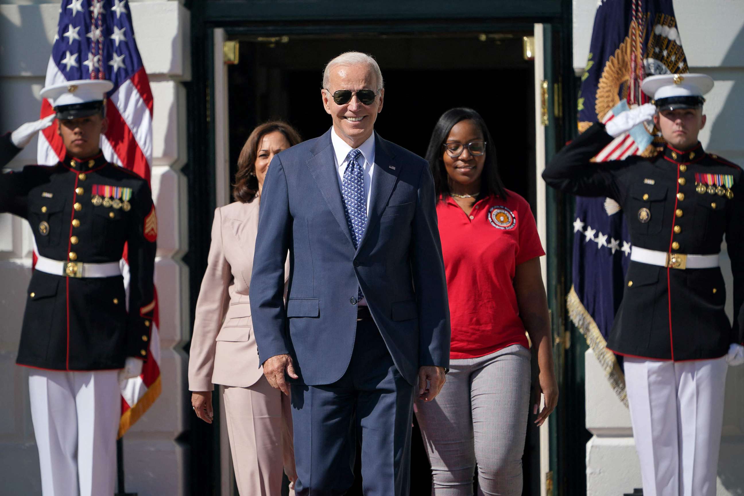 PHOTO: President Joe Biden arrives to speak during an event celebrating the passage of H.R. 5376, the Inflation Reduction Act of 2022, on the South Lawn of the White House, Sept. 13, 2022. 