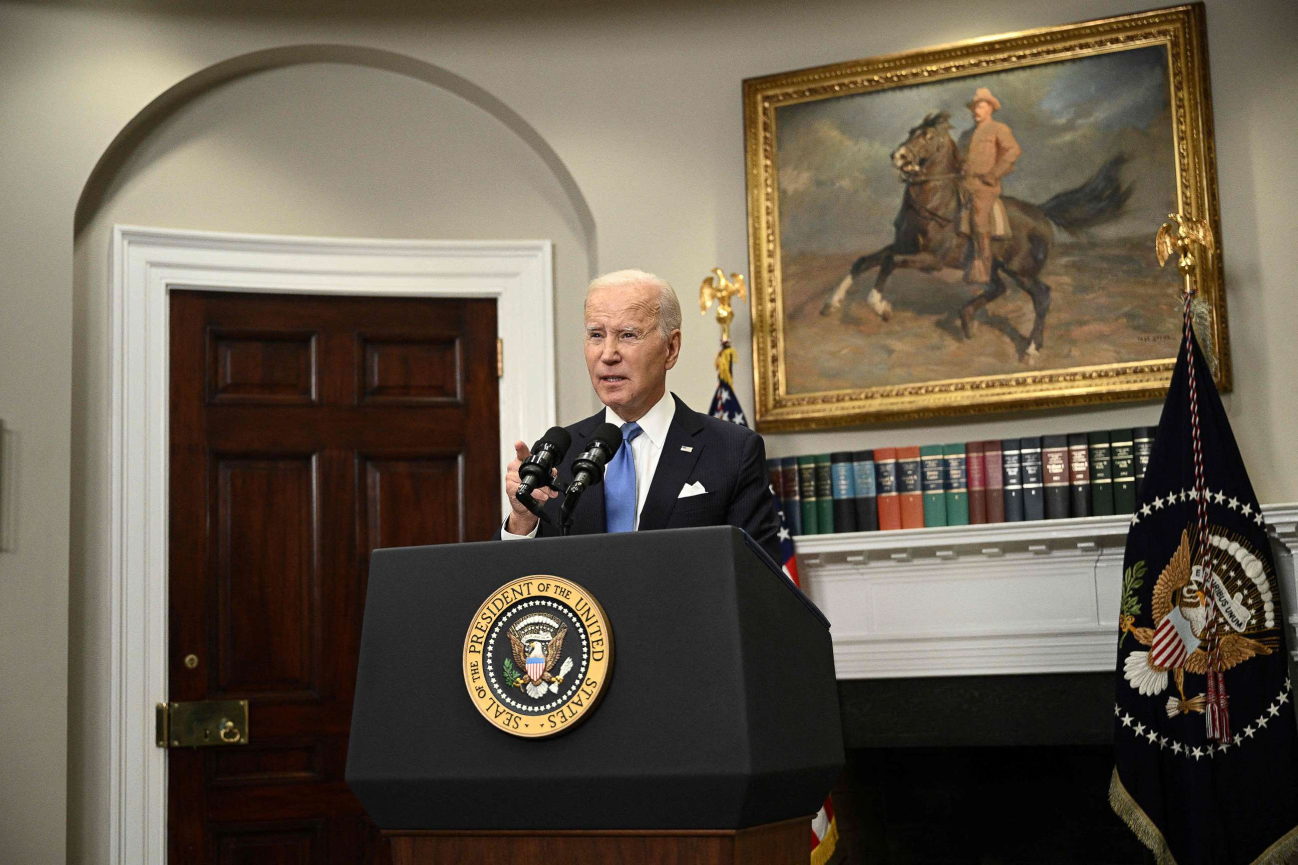 PHOTO: President Joe Biden speaks about the ongoing federal response efforts for Hurricane Ian in the Roosevelt Room of the White House, Sept. 30, 2022. 