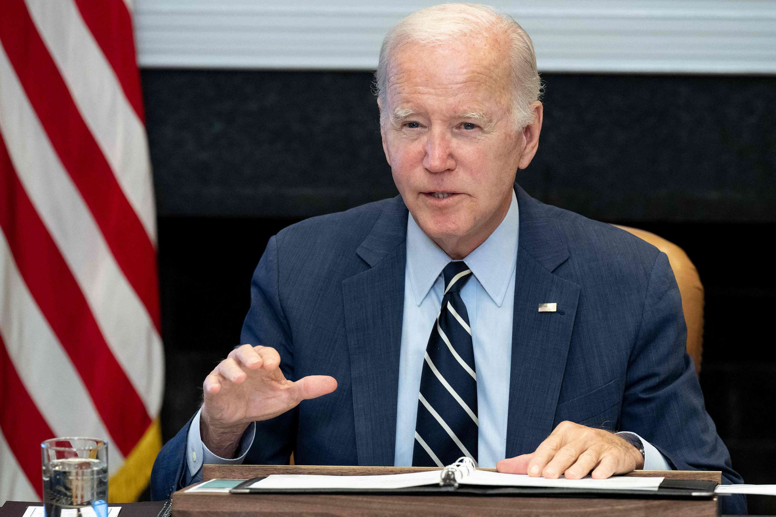 PHOTO: President Joe Biden speaks during a meeting with leaders of his federal emergency preparedness and response team to receive the annual briefing on extreme weather preparedness, in the Roosevelt Room of the White House, May 31, 2023.