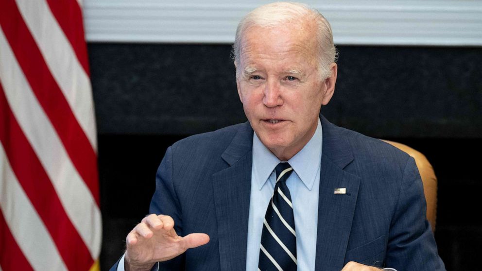 PHOTO: President Joe Biden speaks during a meeting with leaders of his federal emergency preparedness and response team to receive the annual briefing on extreme weather preparedness, in the Roosevelt Room of the White House, May 31, 2023.