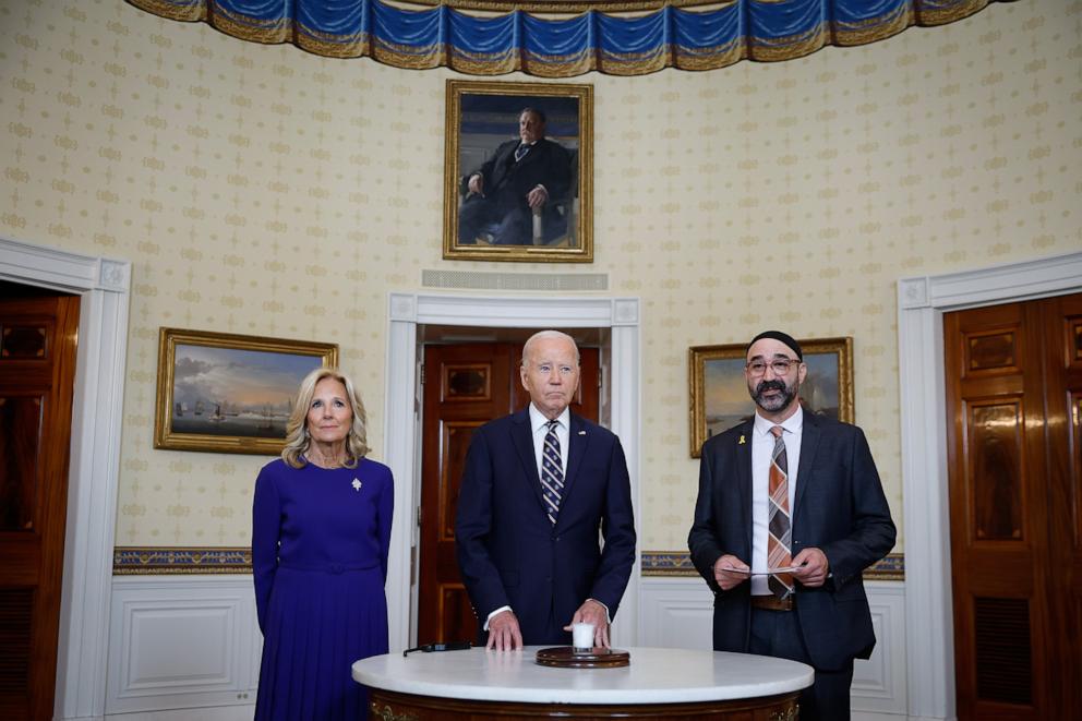 PHOTO: President Joe Biden participates in a remembrance ceremony with first lady Jill Biden and Rabbi Aaron Alexander of Adas Israel Congregation on the one-year anniversary of the Hamas attack on Israel in the Blue Room at the White House, Oct. 7, 2024.