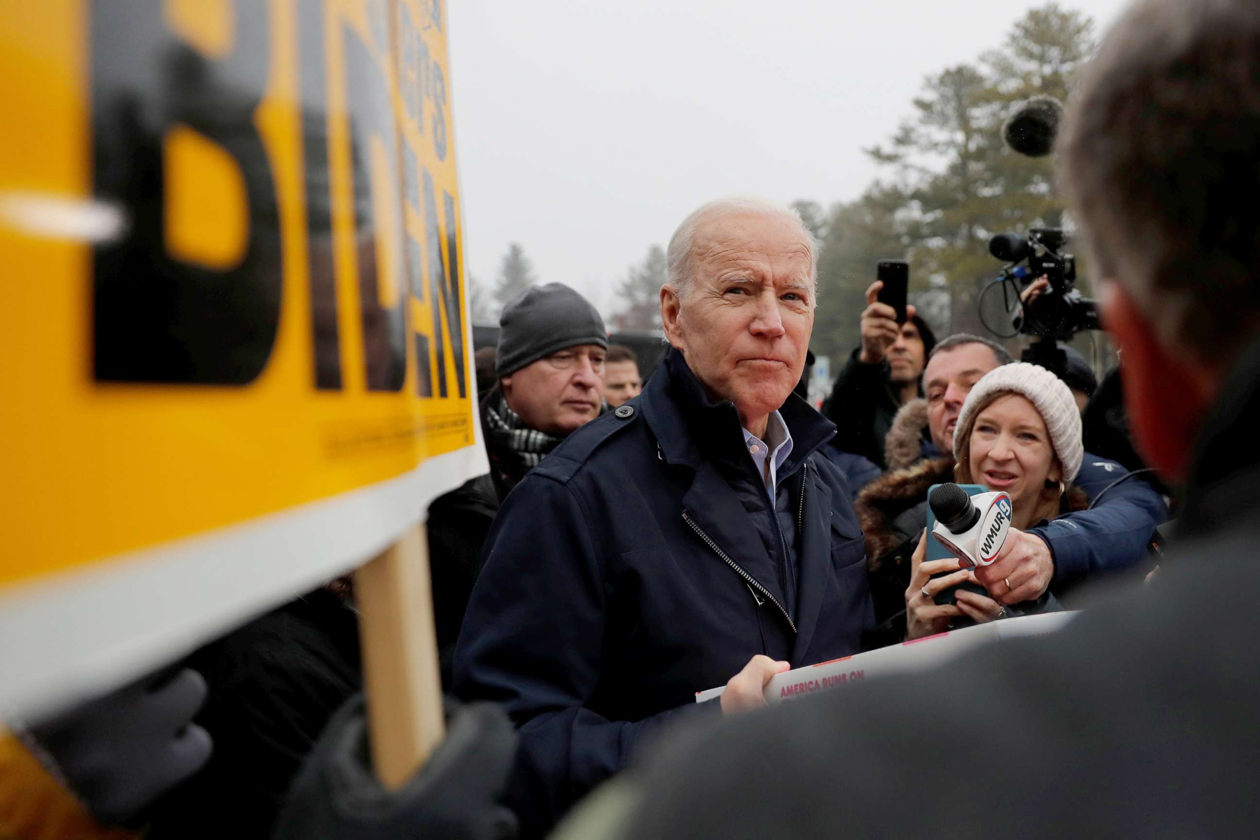 PHOTO: Democratic presidential candidate and former Vice President Joe Biden visits a polling station on the day of New Hampshire's first-in-the-nation primary in Manchester, N.H., Feb. 11, 2020.