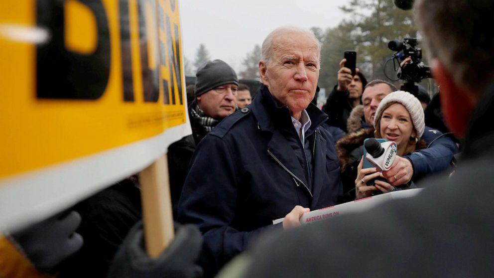 PHOTO: Democratic presidential candidate and former Vice President Joe Biden visits a polling station on the day of New Hampshire's first-in-the-nation primary in Manchester, N.H., Feb. 11, 2020.