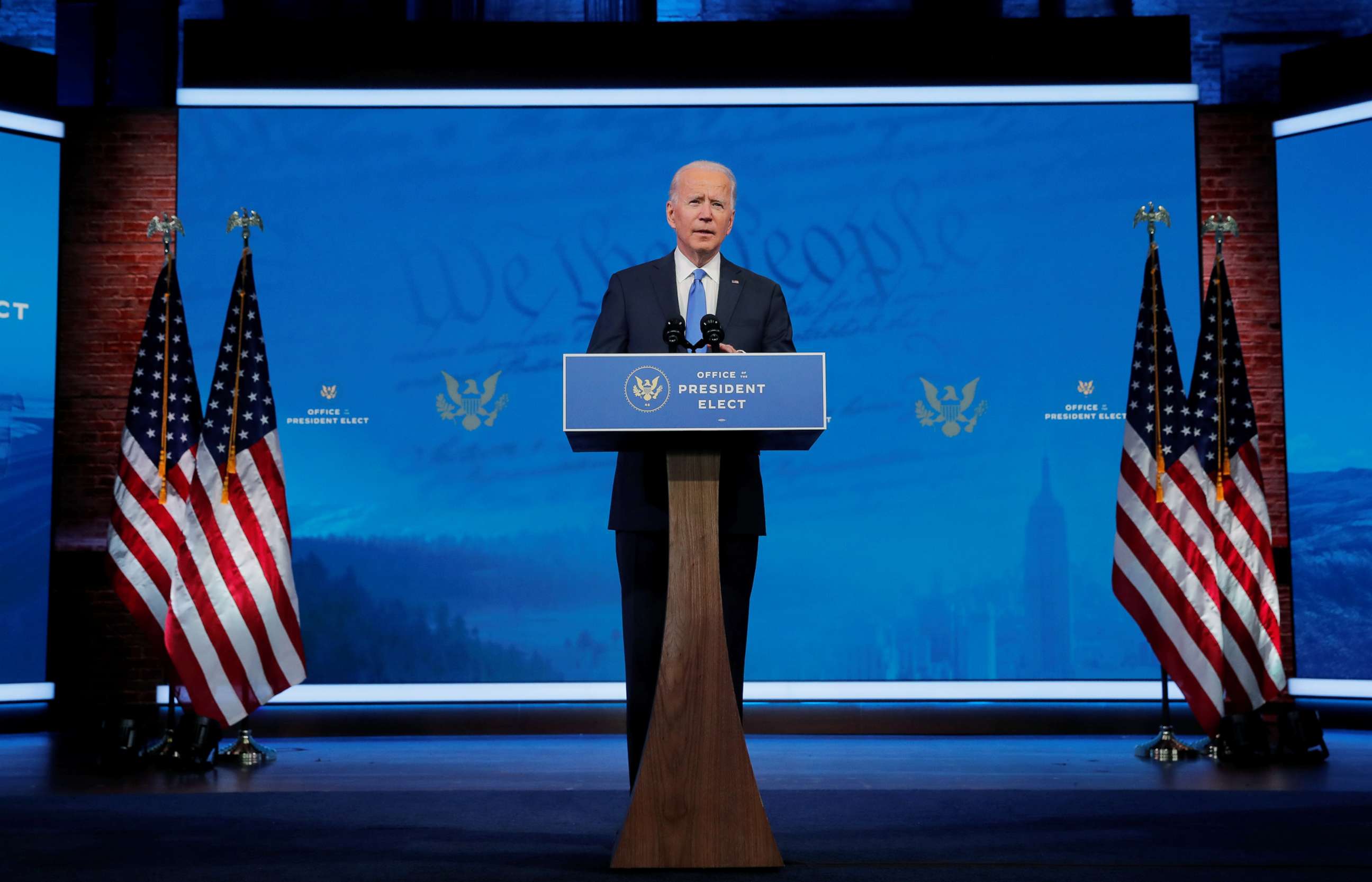 PHOTO: President-elect Joe Biden delivers a televised address to the nation, after the Electoral College formally confirmed his victory over President Donald Trump  in Wilmington, Del., Dec. 14, 2020. 
