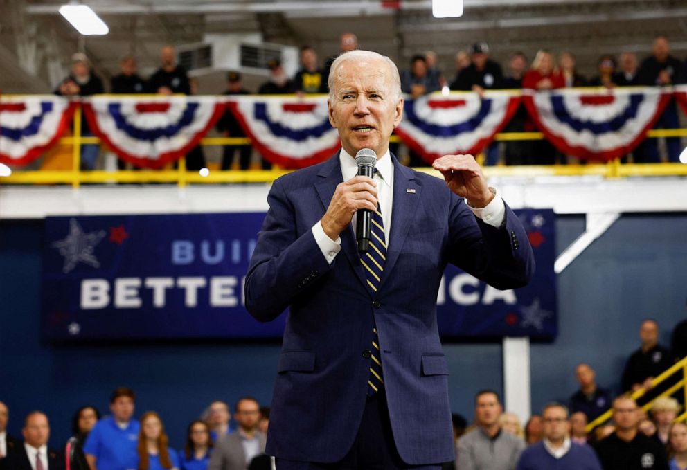 PHOTO: President Joe Biden speaks as he visits the SK Siltron CSS facility in Bay City, Mich., Nov. 29, 2022.
