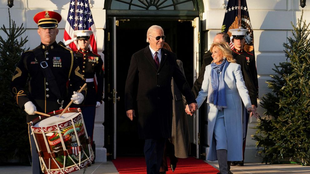 PHOTO: President Joe Biden and first lady Jill Biden arrive for the signing ceremony for the "Respect for Marriage Act," a landmark bill protecting same-sex marriage, on the South Lawn at the White House, Dec. 13, 2022.