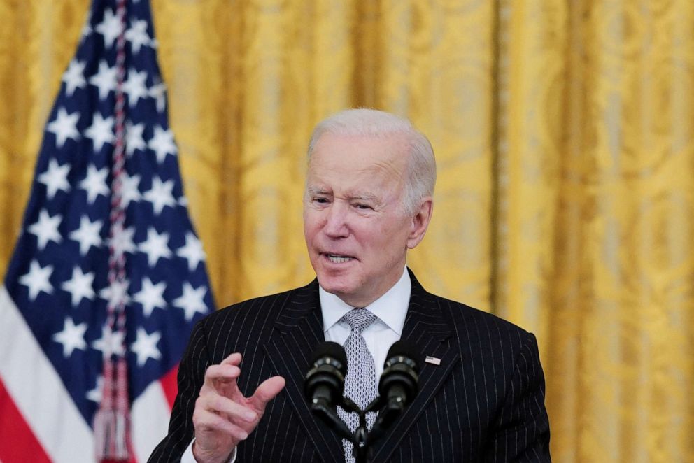PHOTO: President Joe Biden speaks at an event to reignite the 'Cancer Moonshot' initiative with a goal to reduce cancer death by 50 percent over the next 25 years, in the East Room at the White House, Feb. 2, 2022.