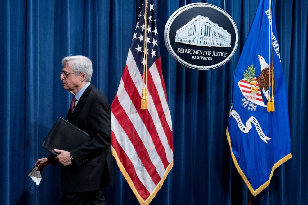 PHOTO: Attorney General Merrick Garland leaves after speaking about a jury's verdict in the case against former Minneapolis Police Officer Derek Chauvin in the death of George Floyd, at the Department of Justice, April 21, 2021 in Washington, DC.