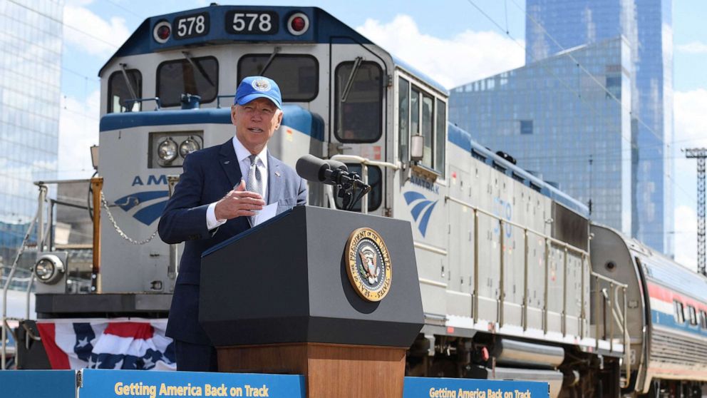 PHOTO: President Joe Biden delivers remarks at an event marking Amtrak's 50th Anniversary at the William H. Gray III 30th Street Station in Philadelphia, April 30, 2021.