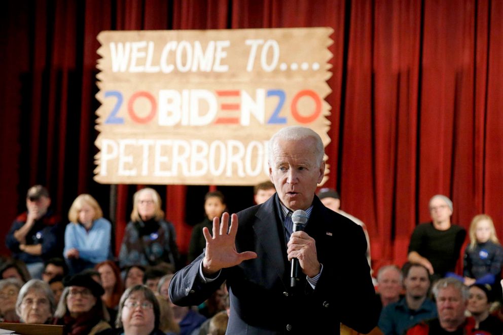 PHOTO: Democratic presidential candidate former Vice President Joe Biden campaigns, Dec. 29, 2019, in Peterborough, N.H. 