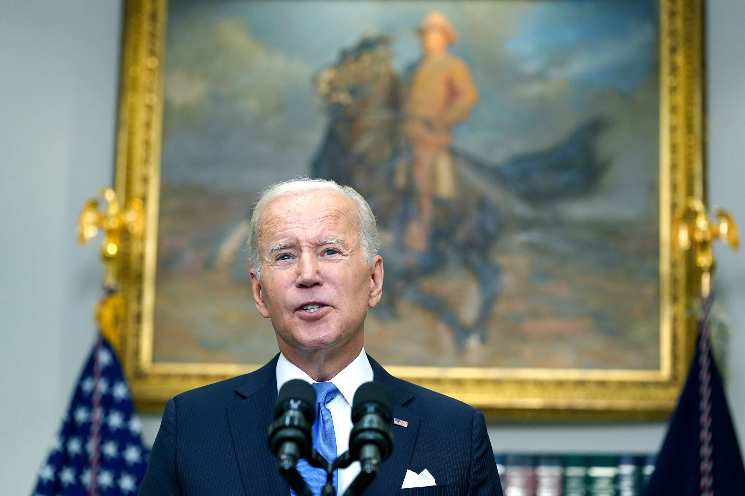 PHOTO: President Joe Biden speaks about the ongoing federal response efforts for Hurricane Ian from the Roosevelt Room at the White House, Sept. 30, 2022.