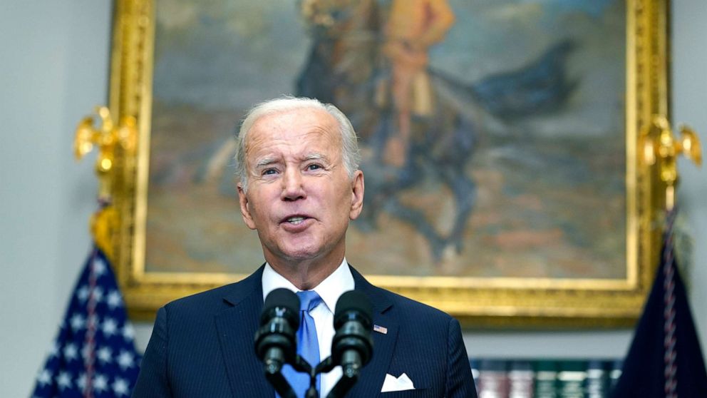 PHOTO: President Joe Biden speaks about the ongoing federal response efforts for Hurricane Ian from the Roosevelt Room at the White House, Sept. 30, 2022.