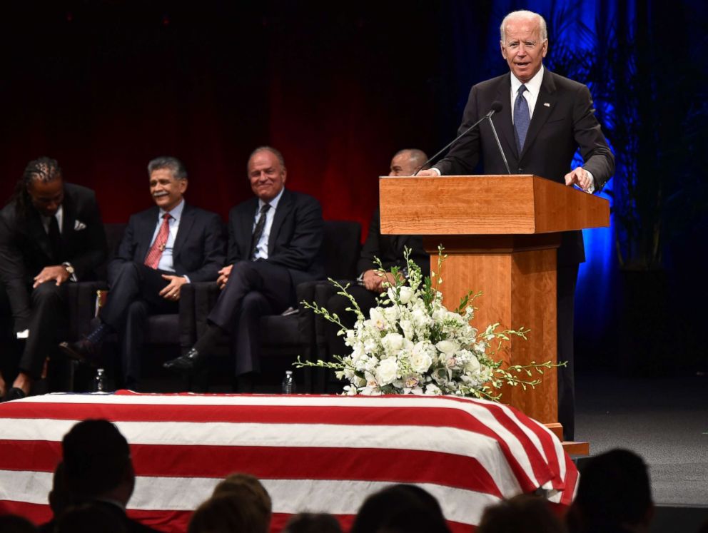 PHOTO: Former Vice President Joe Biden speaks during the memorial service for the late Senator John McCain at the North Phoenix Baptist Church, Aug. 30, 2018, in Phoenix.