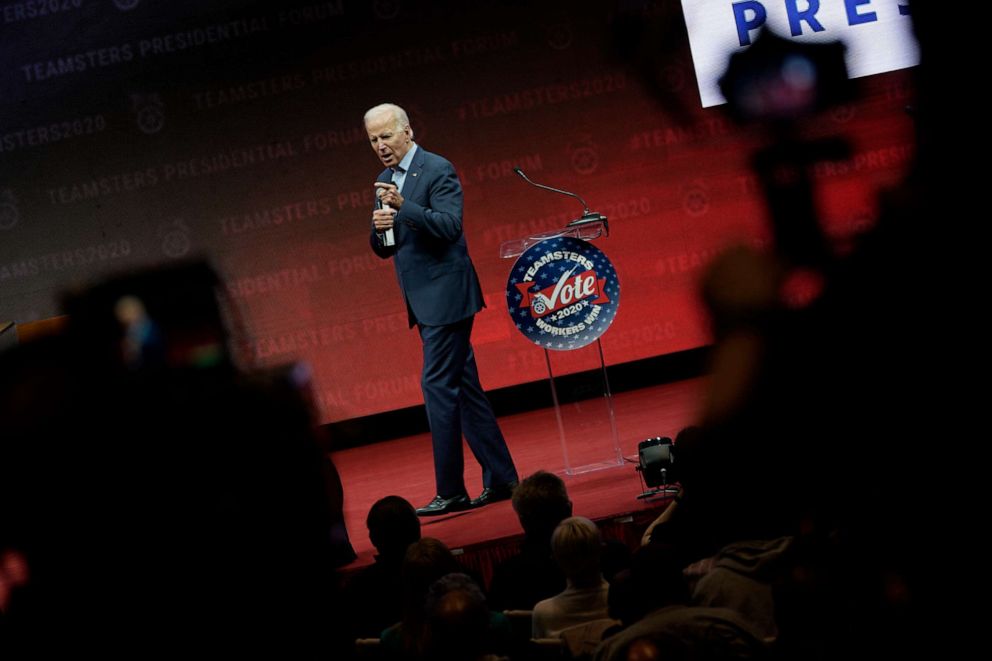PHOTO: Democratic presidential candidate and former Vice president Joe Biden speaks at the Teamsters Vote 2020 Presidential Candidate Forum, Dec. 7, 2019, in Cedar Rapids, Iowa. 