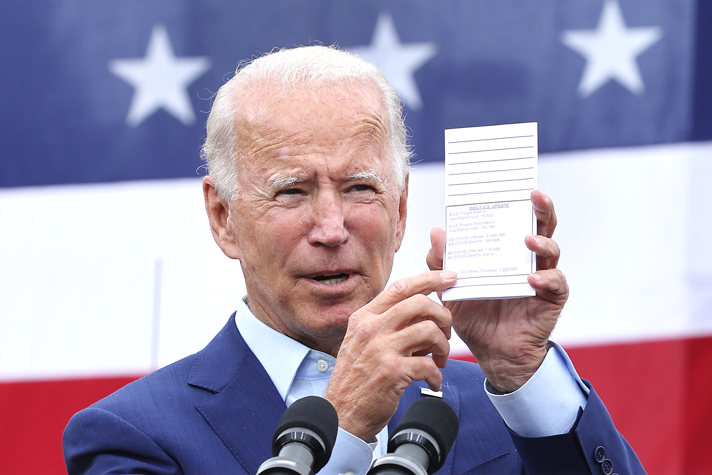 PHOTO: Democratic presidential candidate former Vice President Joe Biden displays a card he carries showing daily updates on American troop casualties and coronavirus infections at UAW Region 1 headquarters in Warren, Mich., Sept. 9, 2020.