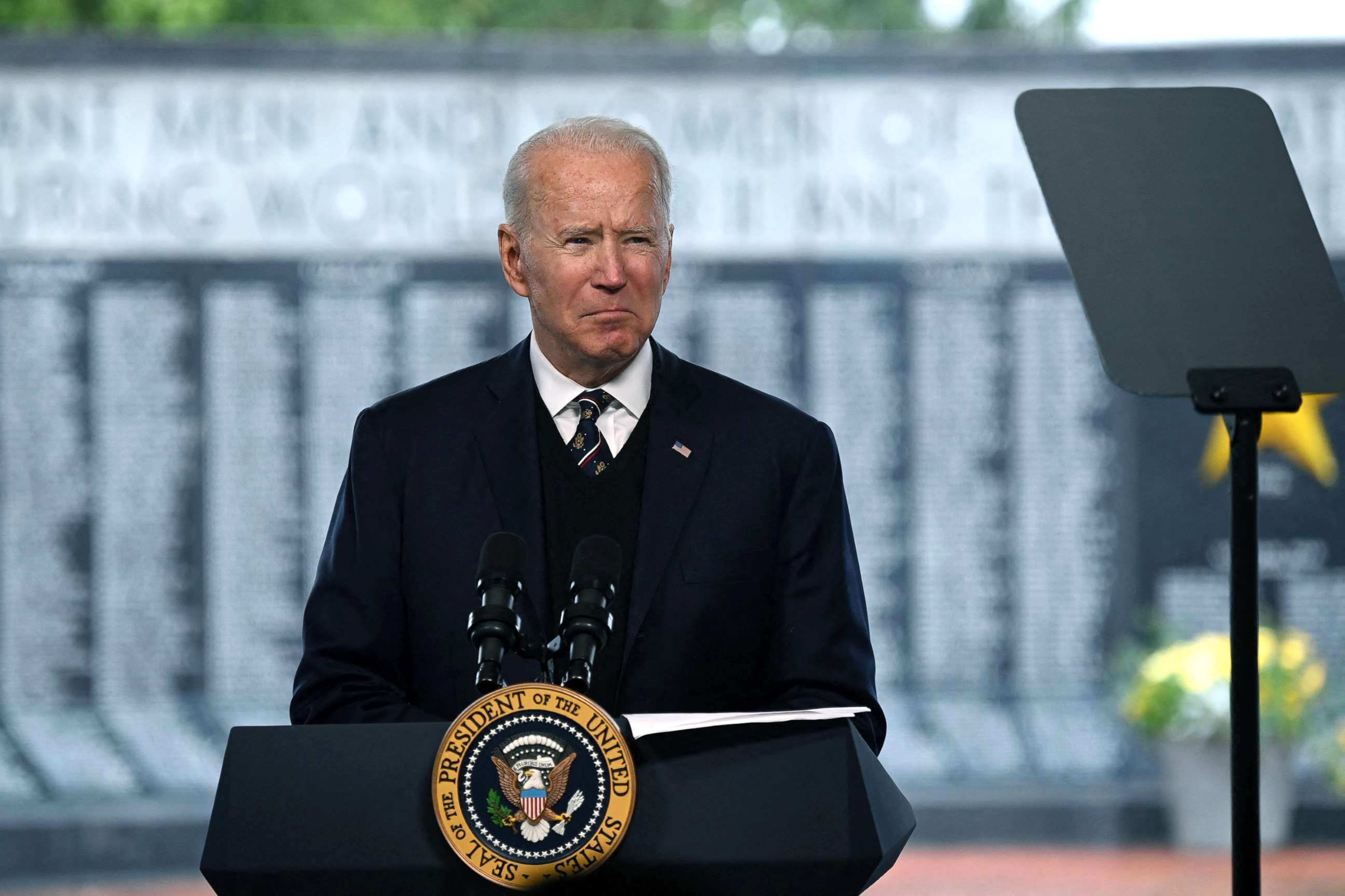 PHOTO: President Joe Biden speaks at Veterans Memorial Park near the Delaware Memorial Bridge at an annual Memorial Day Service, May 30, 2021, in New Castle, Del. 