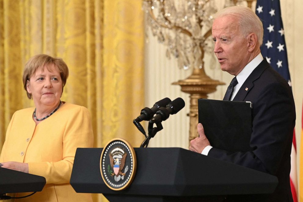 PHOTO: President Joe Biden and German Chancellor Angela Merkel hold a joint press conference in the East Room of the White House, July 15, 2021.