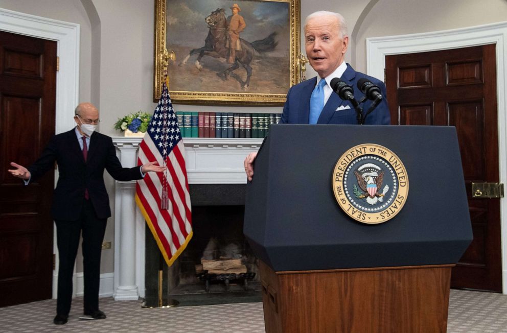 PHOTO: Retiring Supreme Court Justice Stephen Breyer listens as President Joe Biden speaks in the Roosevelt Room of the White House, Jan. 27, 2022.