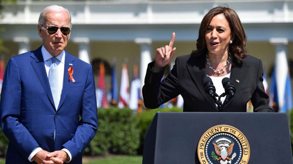 PHOTO: Vice President Kamala Harris speaks alongside President Joe Biden during an event commemorating the passage of the Safer Communities Act at the White House, July 11, 2022. 