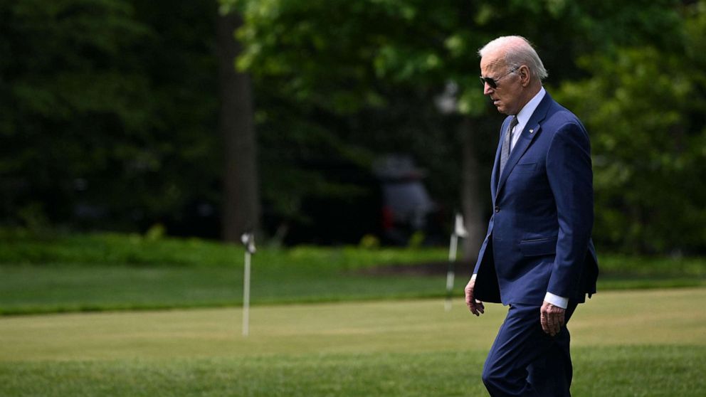 PHOTO: President Joe Biden walks to board Marine One on the South Lawn of the White House, May 10, 2023, as he departs for travel to New York.