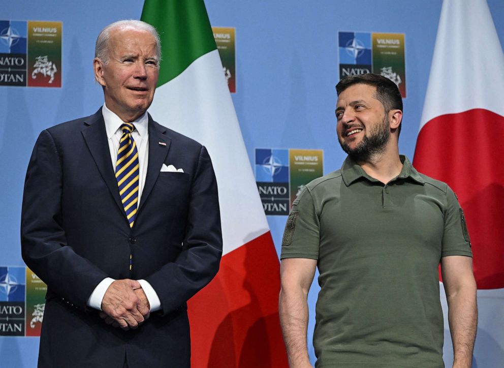 PHOTO: President Joe Biden and Ukrainian President Volodymyr Zelensky pose during an event with G7 leaders to announce a Joint Declaration of Support for Ukraine during the NATO Summit in Vilnius, Lithuania, July 12, 2023.