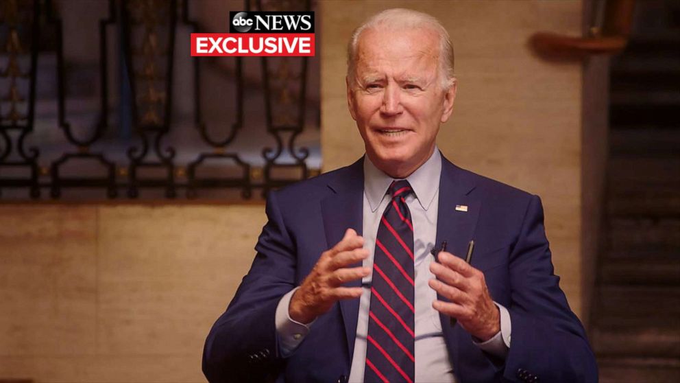PHOTO: Democratic presidential nominee Joe Biden participates in his first joint interview with his running mate, Sen. Kamala Harris, in Wilmington, Del., on Aug 21, 2020.