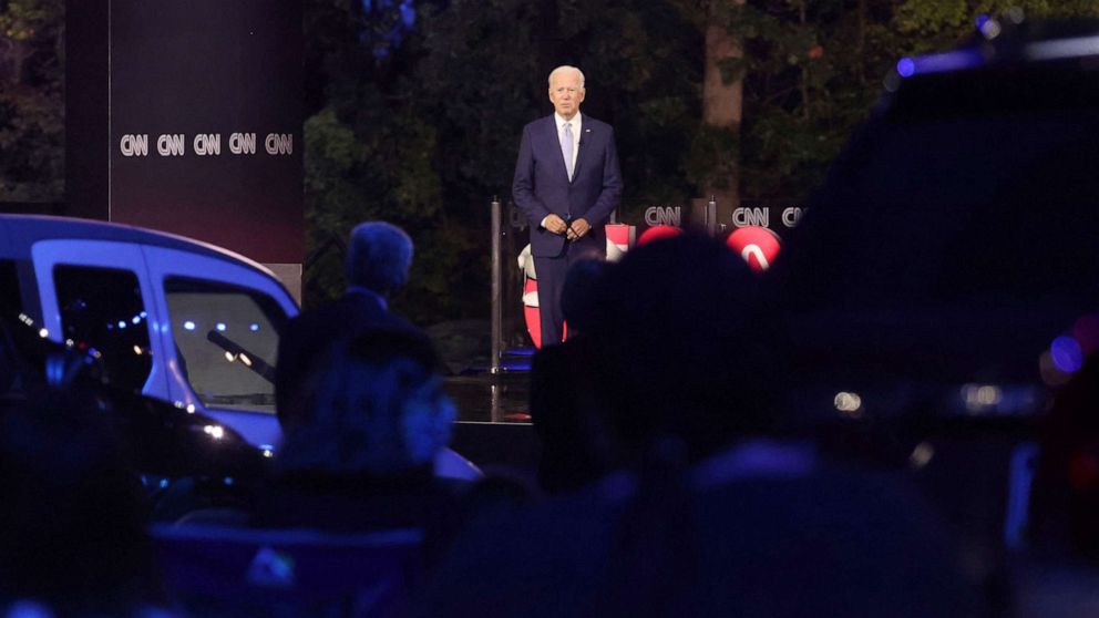 PHOTO: Democratic presidential nominee and former Vice President Joe Biden speaks during a televised town hall in Scranton, Pa., Sept, 17, 2020. 