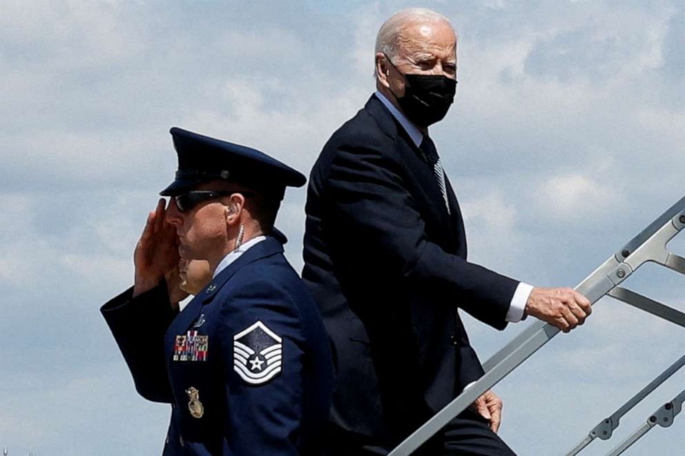PHOTO: President Joe Biden boards Air Force One for travel to New Hampshire from Joint Base Andrews, Md., April 19, 2022. 