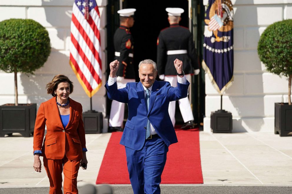 PHOTO: House Speaker Nancy Pelosi and Senate Majority Leader Chuck Schumer arrive for a celebration of the enactment of the "Inflation Reduction Act of 2022," which President Biden signed into law in August, at the White House, Sept. 13, 2022. 
