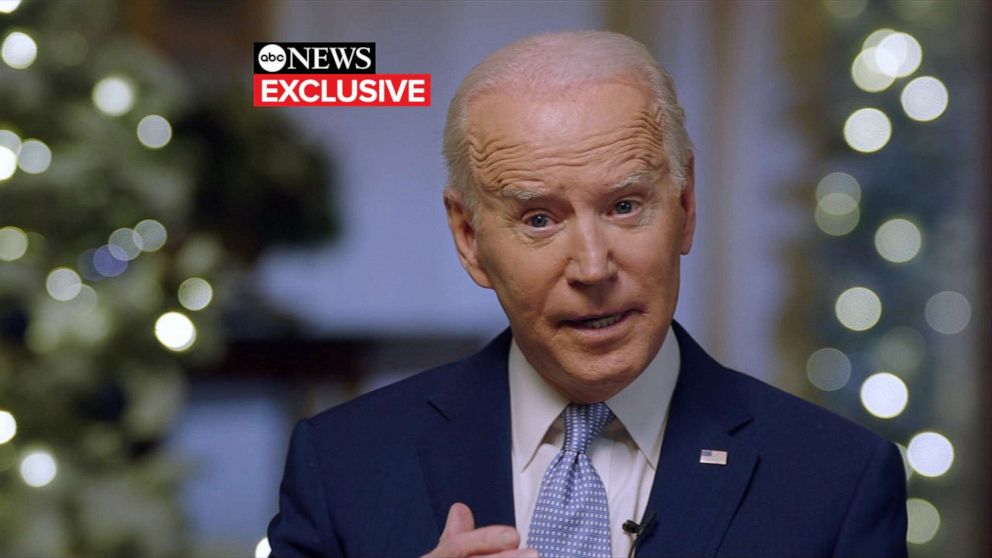 PHOTO: President Joe Biden is interviewed by ABC's David Muir at the White House, Dec. 22, 2021.