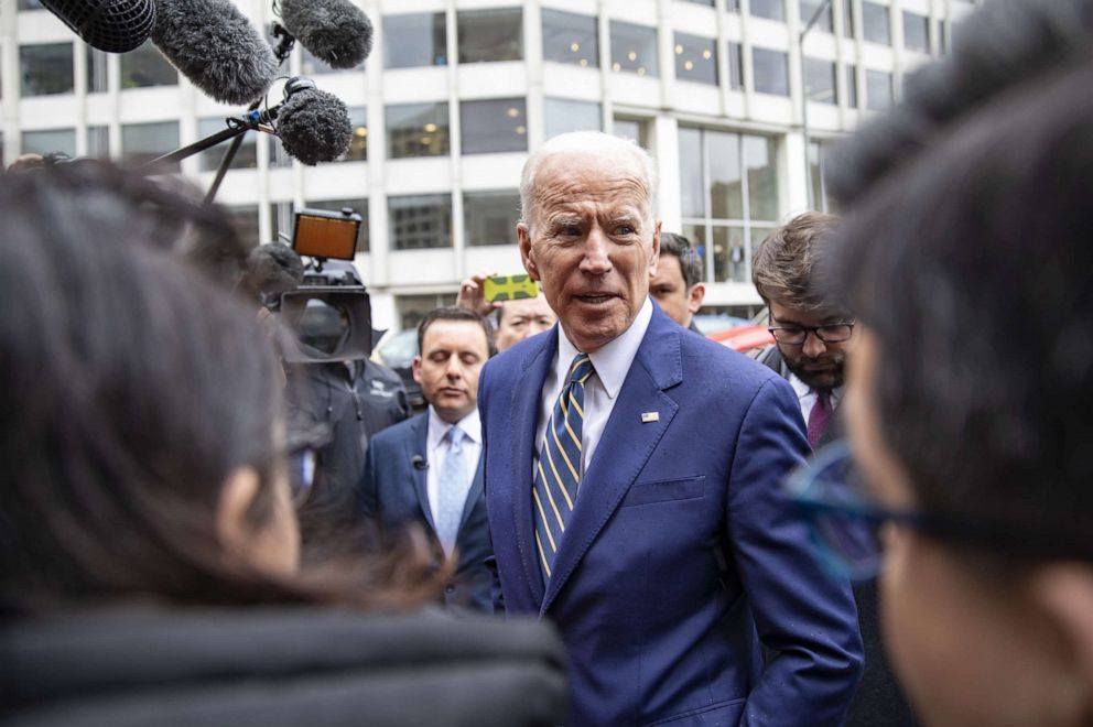 PHOTO: Former Vice President Joe Biden speaks to the media at the International Brotherhood of Electrical Workers Construction and Maintenance conference, April 5, 2019, in Washington, D.C. 