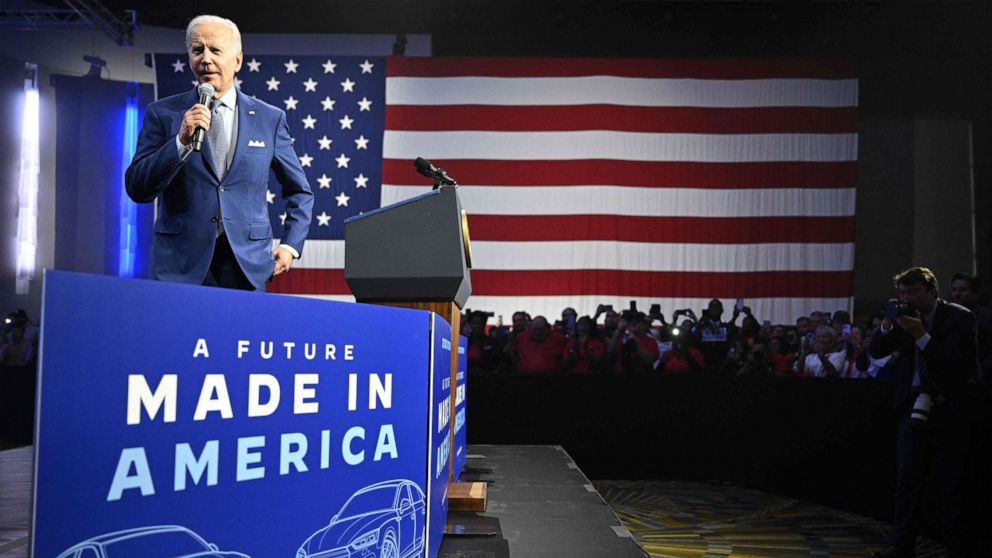 PHOTO: President Joe Biden speaks at the 2022 North American International Auto Show in Detroit, Sept. 14, 2022. 