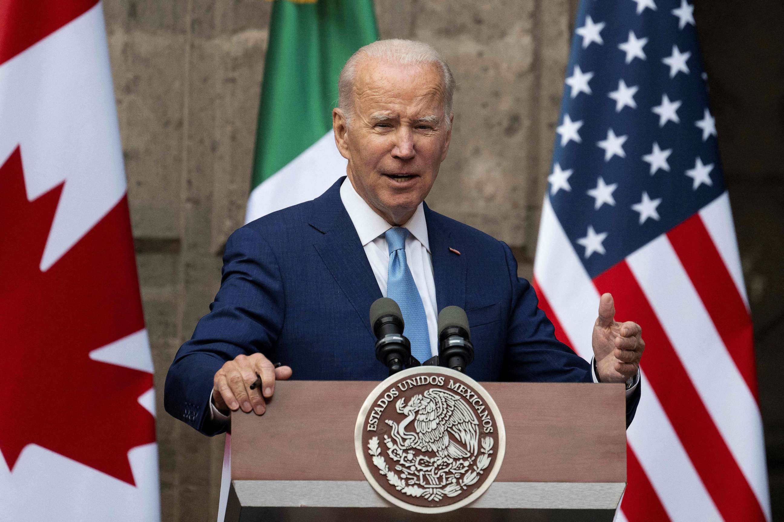 PHOTO: President Joe Biden speaks to the press following the 10th North American Leaders Summit, at The National Palace in Mexico City, Jan. 10, 2023.