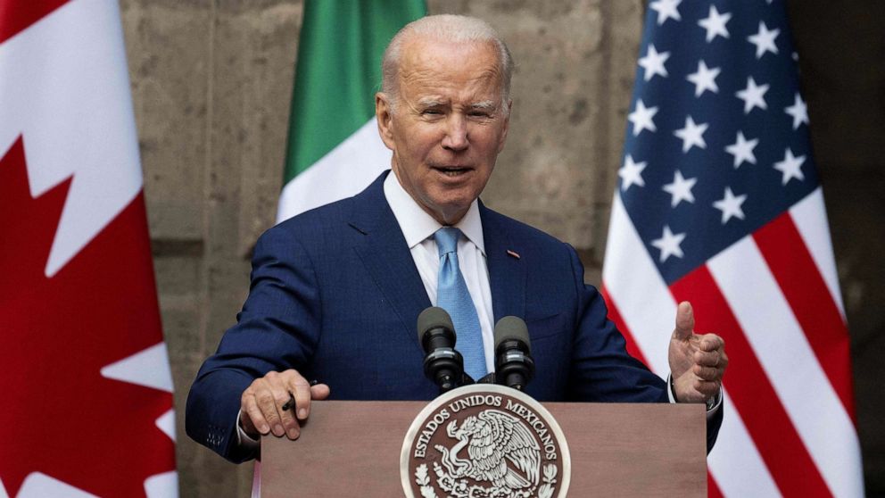 PHOTO: President Joe Biden speaks to the press following the 10th North American Leaders Summit, at The National Palace in Mexico City, Jan. 10, 2023.