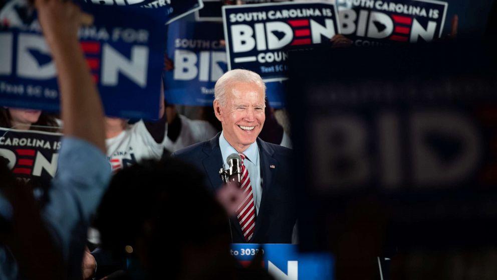 PHOTO: Democratic presidential candidate former Vice President Joe Biden addresses the crowd during a South Carolina campaign launch party, Feb. 11, 2020, in Columbia, S.C., the night of the New Hampshire primary.