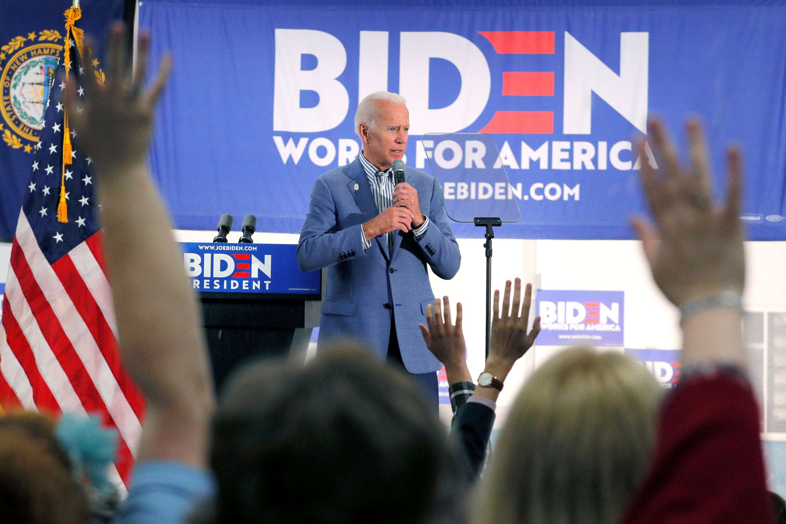 PHOTO: Democratic presidential candidate and former Vice President Joe Biden takes questions from the audience at a campaign stop at the IBEW Local 490 in Concord, N.H., June 4, 2019.  