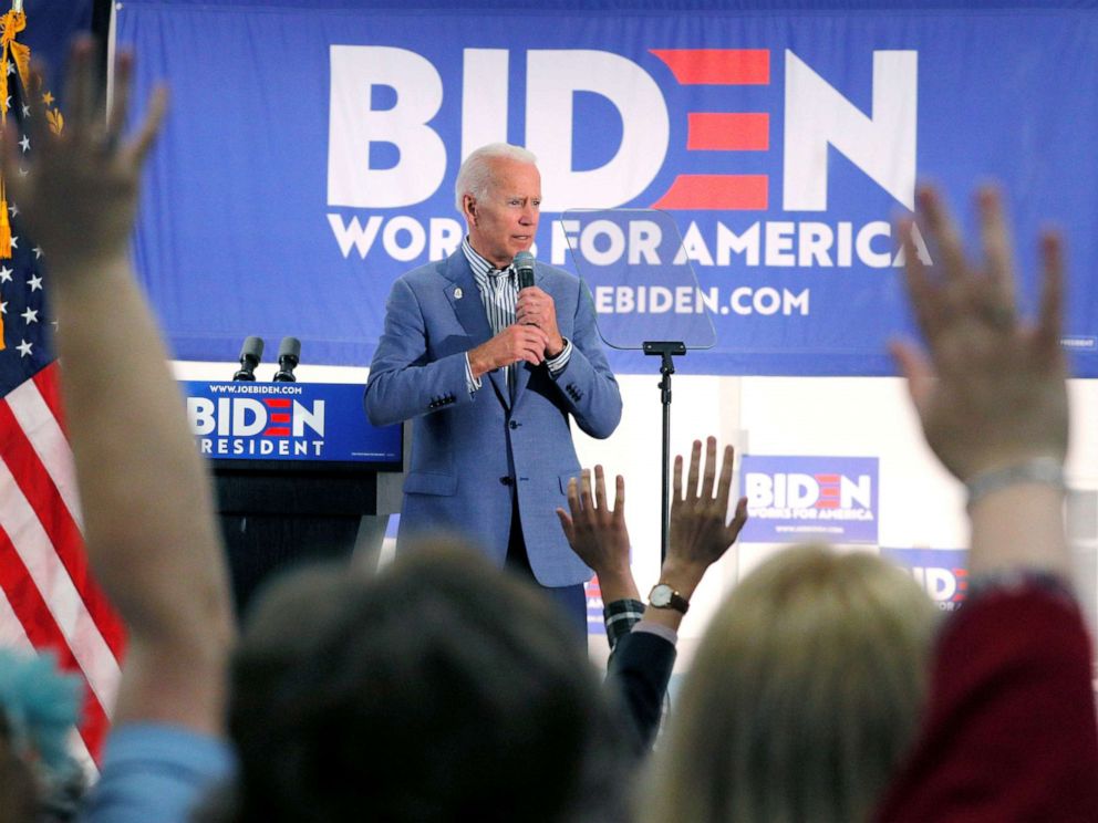 PHOTO: Democratic presidential candidate and former Vice President Joe Biden takes questions from the audience at a campaign stop at the IBEW Local 490 in Concord, N.H., June 4, 2019.