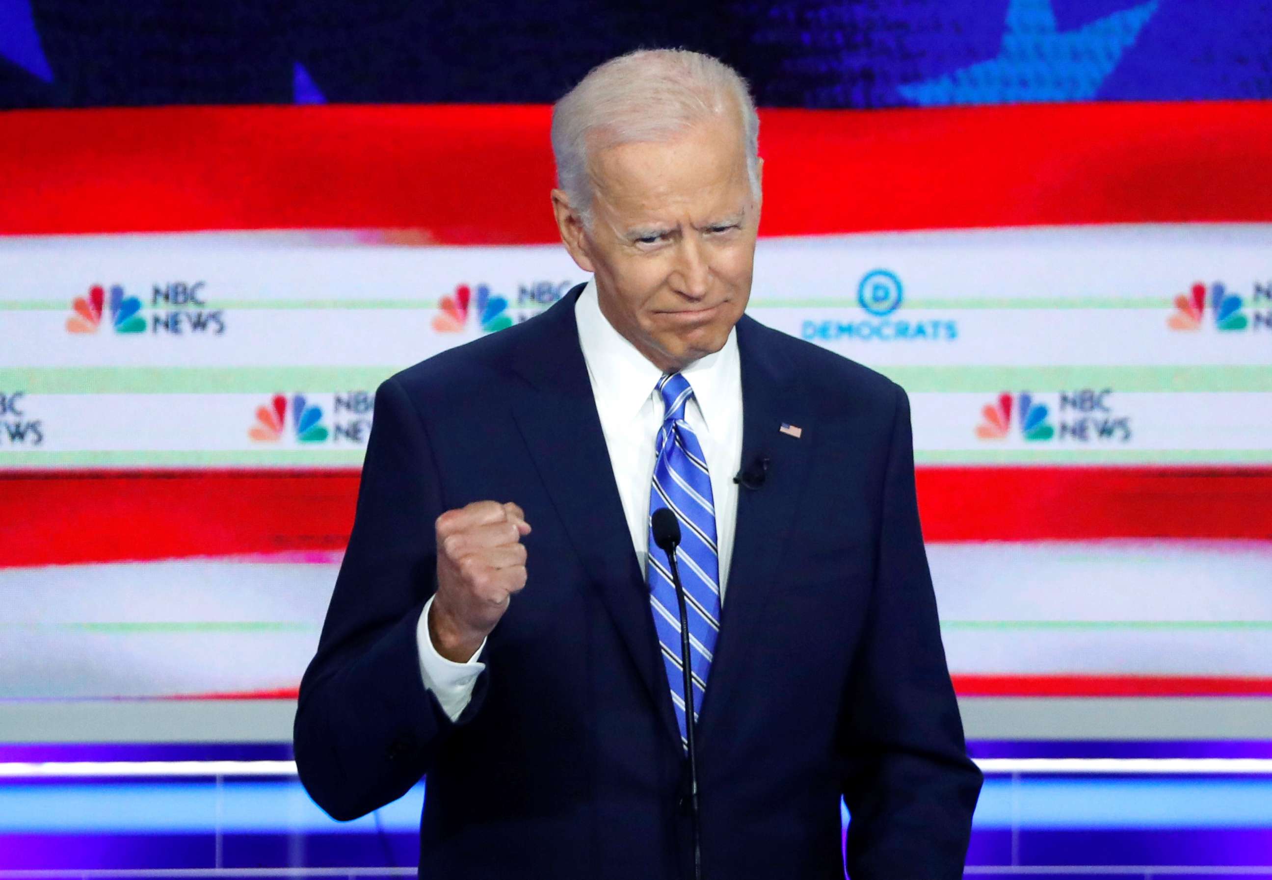 PHOTO: Former Vice President Joe Biden gestures during the second night of the first Democratic presidential candidates debate in Miami, June 27, 2019. 
