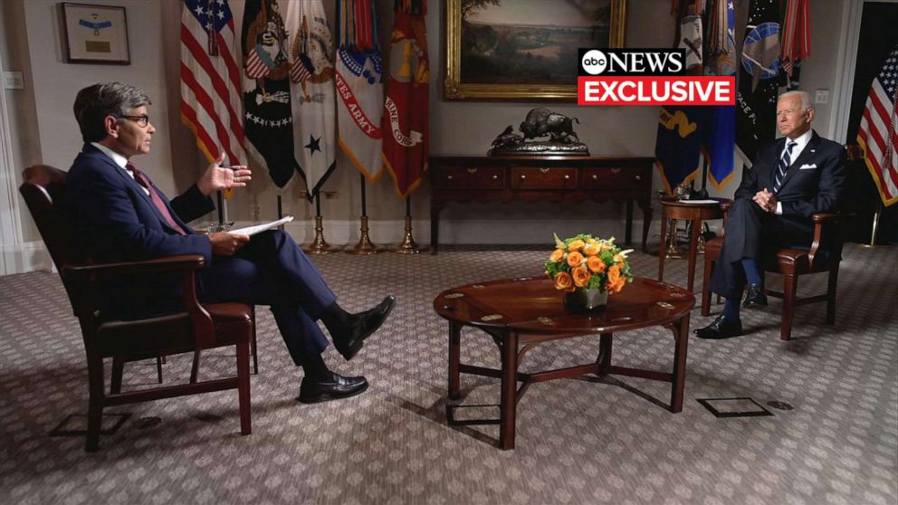PHOTO: President Joe Biden speaks with ABC News' George Stephanopoulos, Aug. 18, 2021, in Washington, D.C.