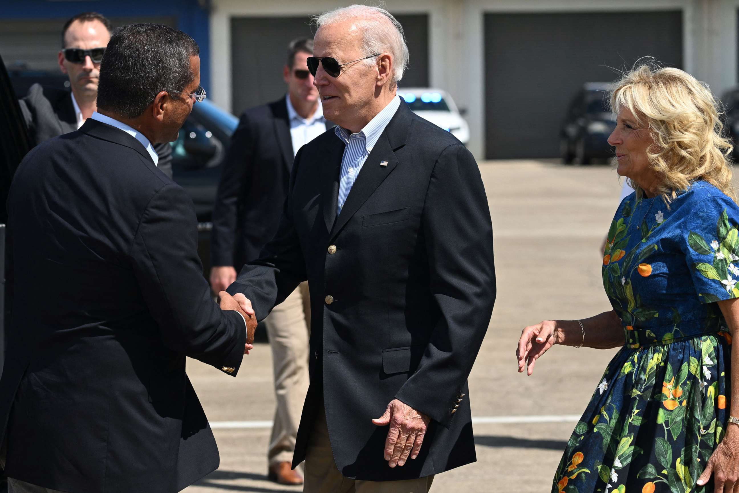 PHOTO: President Joe Biden and] First Lady Jill Biden are greeted by Governor of Puerto Rico Pedro Pierluisi upon arrival at Mercedita International Airport in the aftermath of Hurricane Fiona, in Ponce, Puerto Rico, Oct. 3, 2022.