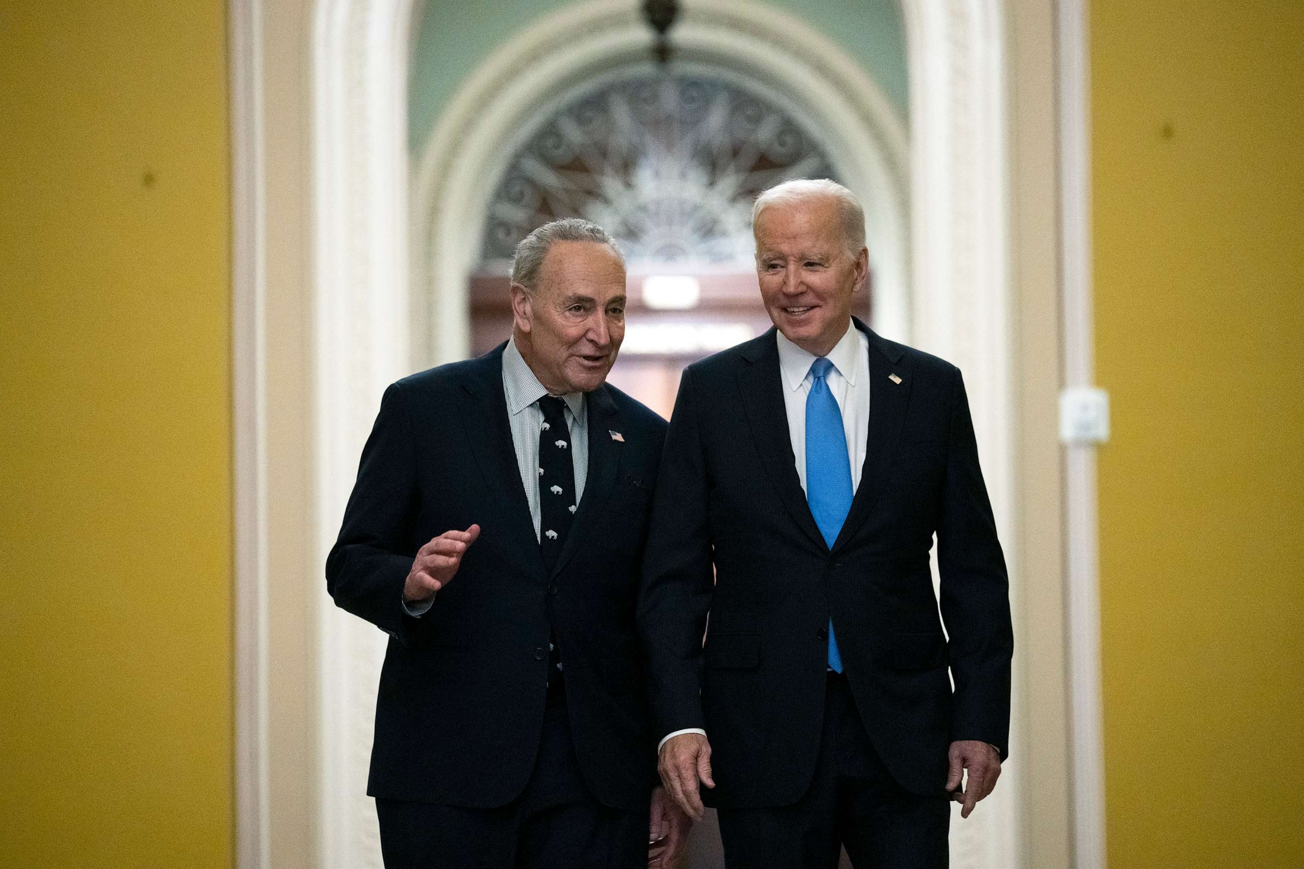 PHOTO: Senate Majority Leader Chuck Schumer walks with President Joe Biden as he arrives at the Capitol, March 2, 2023.