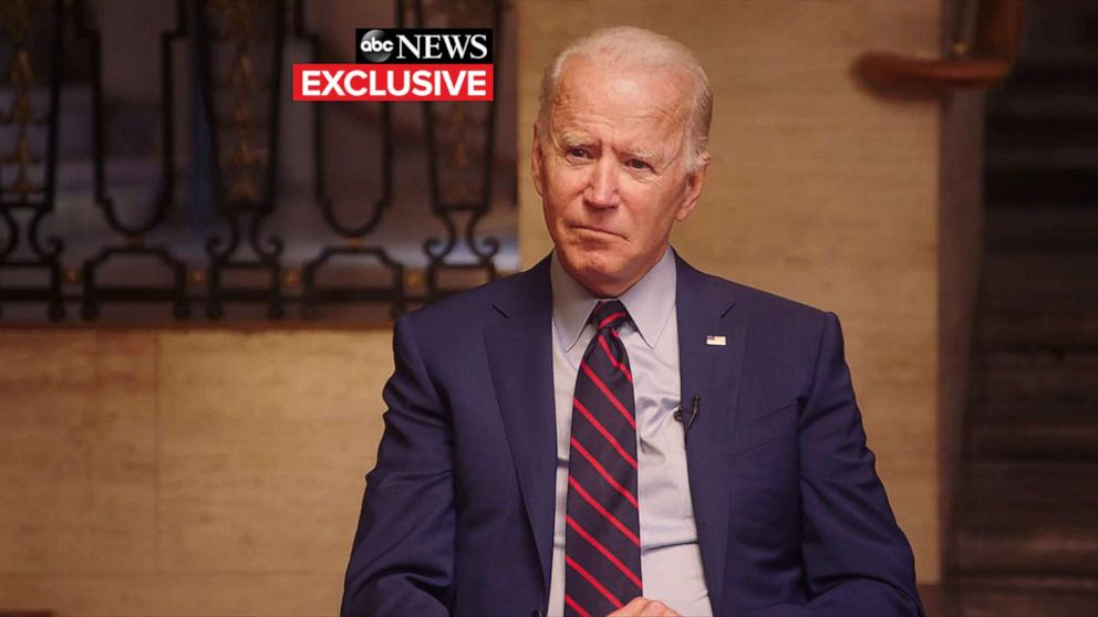 PHOTO: Former Vice President Joe Biden participates in his first his first joint interview with his running mate, Sen. Kamala Harris, in Wilmington, Del., on Aug 21, 2020.