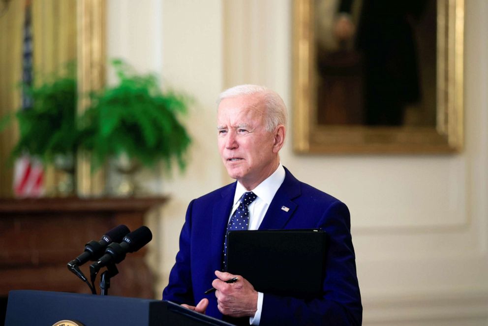 PHOTO: President Joe Biden delivers remarks on Russia in the East Room at the White House, April 15, 2021. 