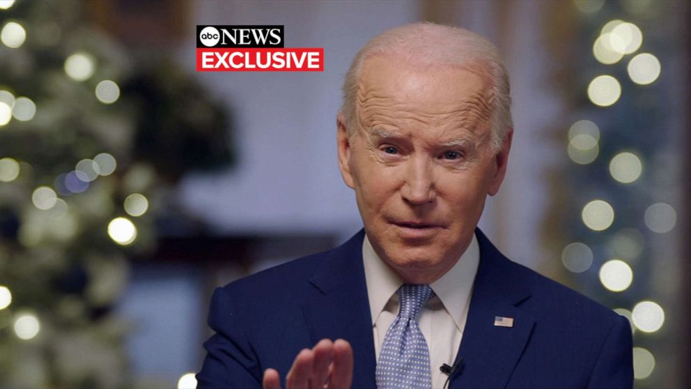 PHOTO: President Joe Biden is interviewed by ABC's David Muir, Dec. 22, 2021, at the White House, in Washington, D.C. 