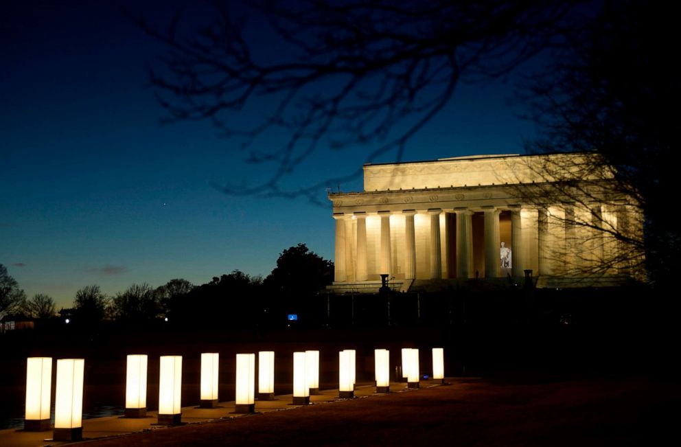 PHOTO: The Lincoln Memorial in Washington, D.C., Jan. 19, 2021, during a vigil to honor the lives of those lost to COVID-19.