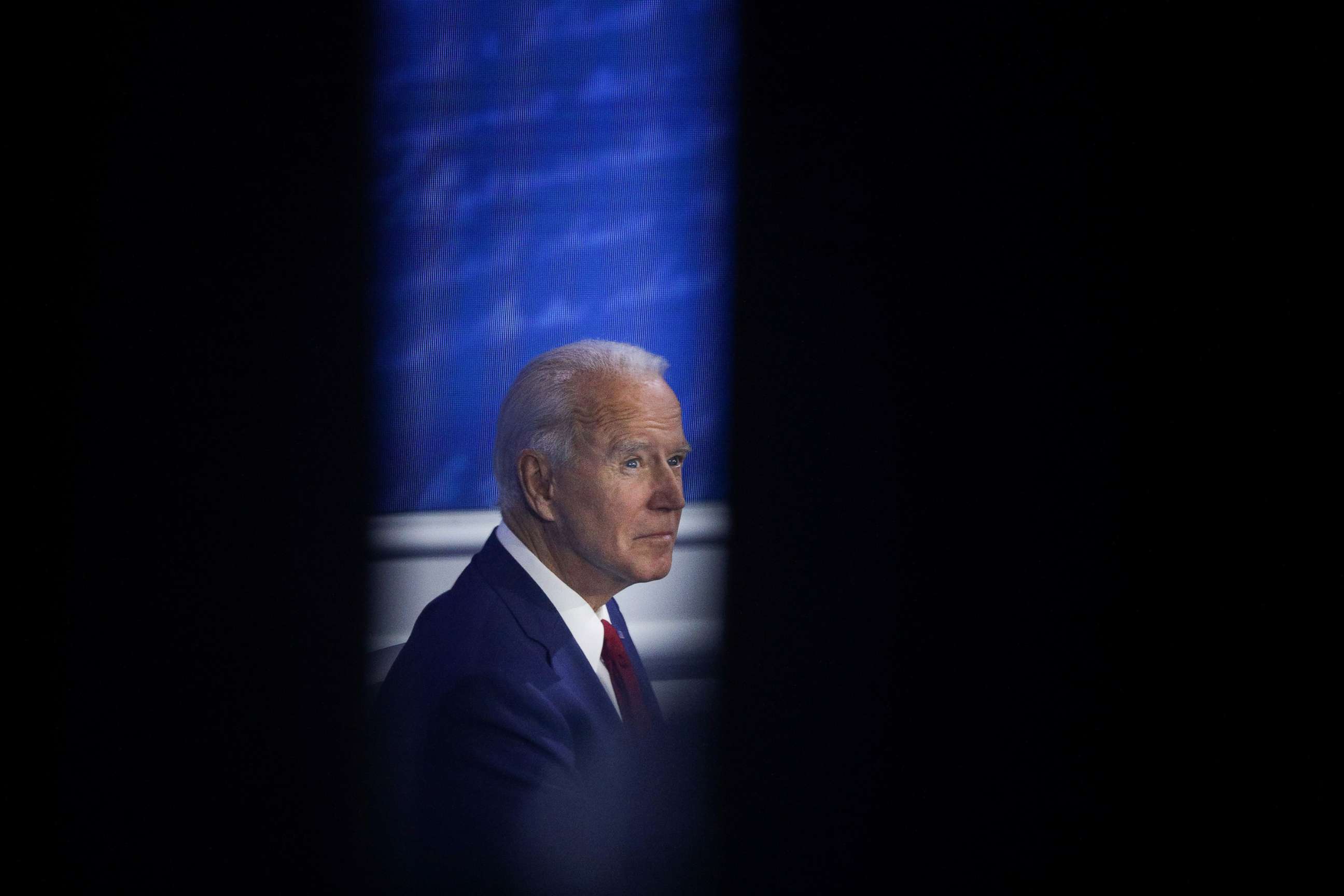 PHOTO: Democratic presidential candidate Joe Biden sits on stage beside host George Stephanopoulos (not pictured) ahead of an ABC Town Hall event at the National Constitution Center in Philadelphia,  Oct. 15, 2020.