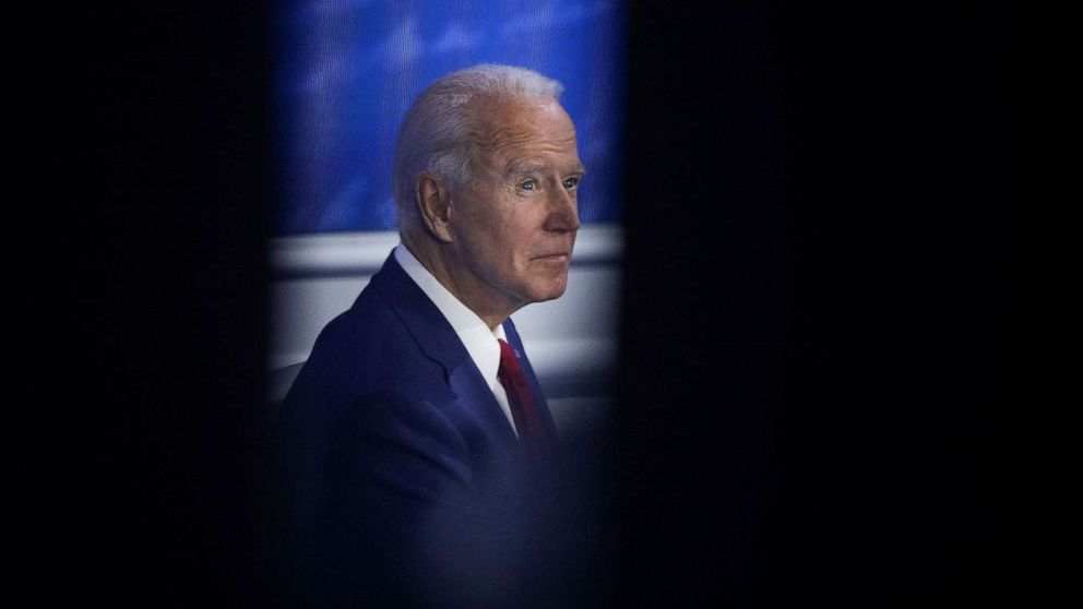 PHOTO: Democratic presidential candidate Joe Biden sits on stage beside host George Stephanopoulos (not pictured) ahead of an ABC Town Hall event at the National Constitution Center in Philadelphia,  Oct. 15, 2020.