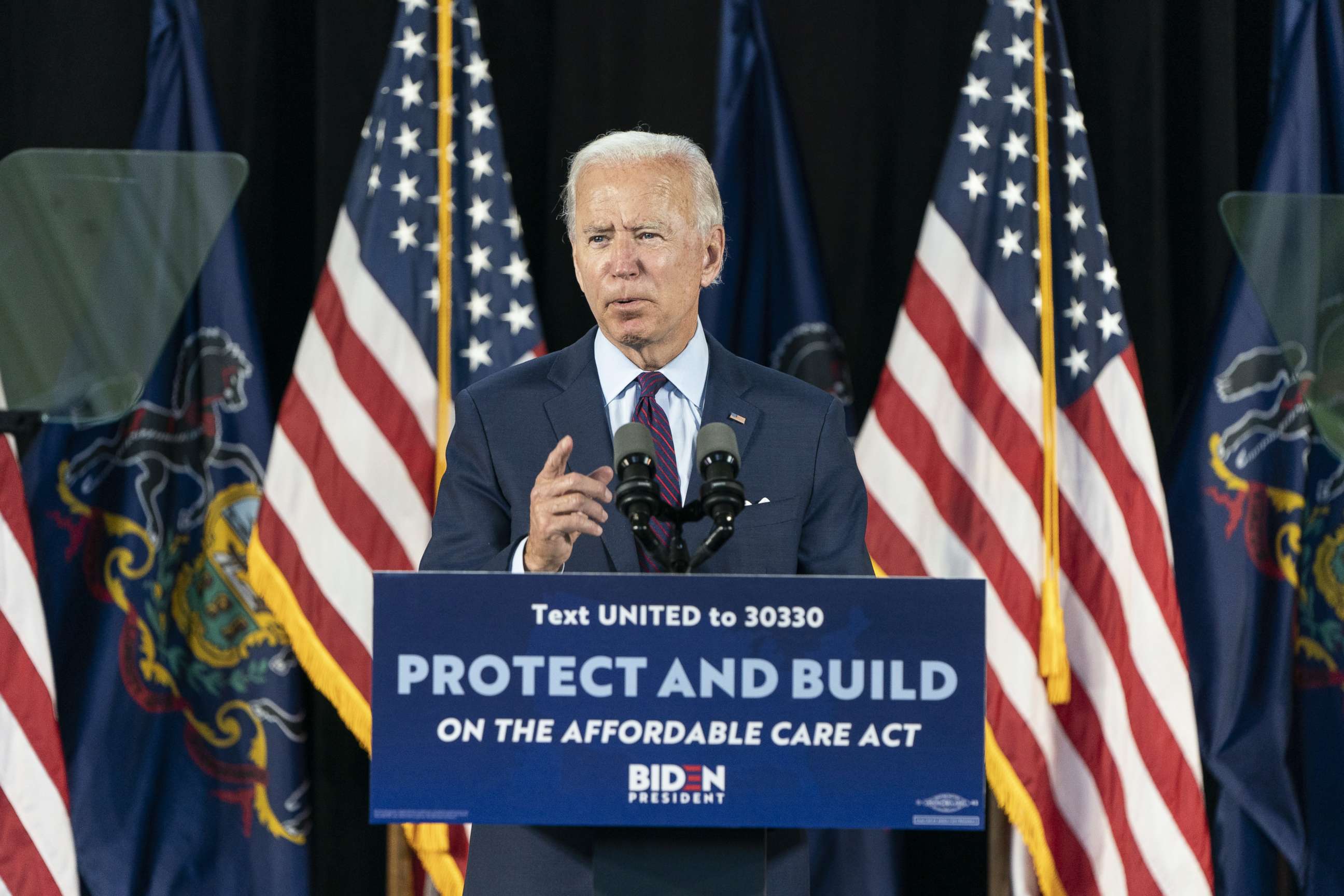 PHOTO: Democratic presidential candidate former Vice President Joe Biden speaks during an event about affordable health care at the Lancaster Recreation Center on June 25, 2020, in Lancaster, Pa.