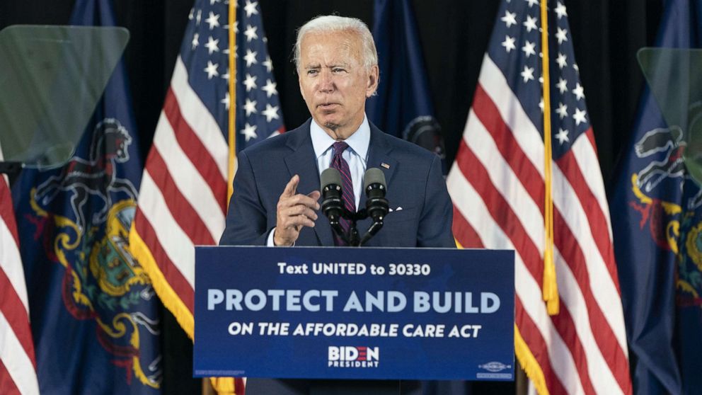 PHOTO: Democratic presidential candidate former Vice President Joe Biden speaks during an event about affordable health care at the Lancaster Recreation Center on June 25, 2020, in Lancaster, Pa.